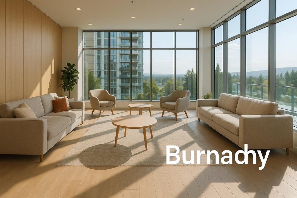 Luxury Burnaby condo amenities with a bright lounge and city views.