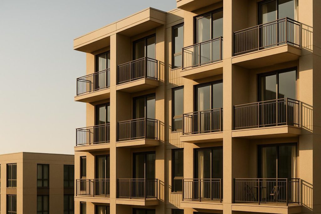 Bright exterior view of a modern condo building for condo buyers.