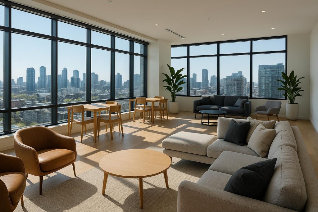 Modern condo lounge with natural light and communal amenities boosting condo resale value.