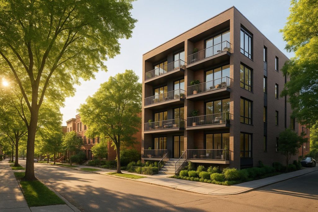Exterior of a modern boutique condo building in a tree-lined setting, illustrating boutique condo options.