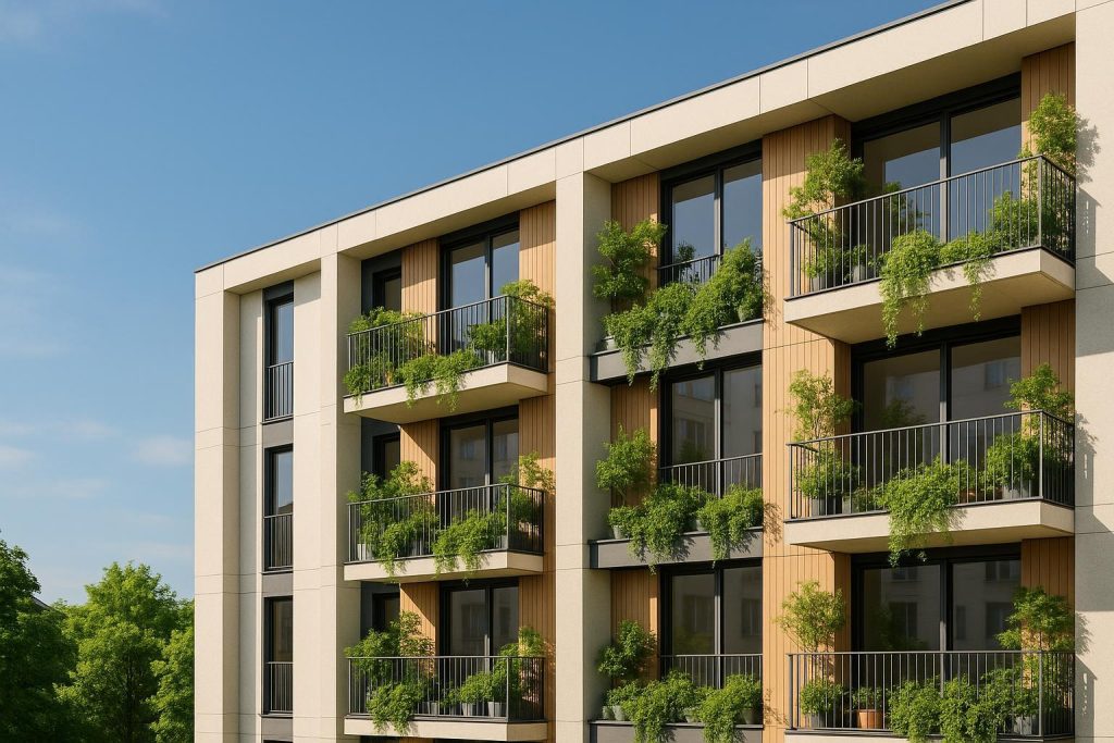 Modern condo featuring greenery and sustainable materials for eco condo living.