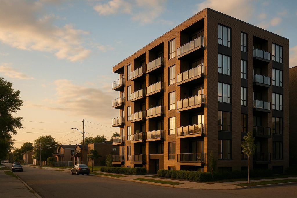 Newly built structure in an up-and-coming area, showcasing exclusive developments beyond central districts.