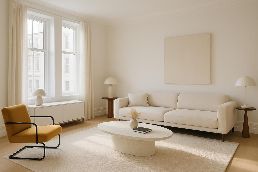 Bright modern living room highlighting contemporary luxury finishes for added investment appeal.
