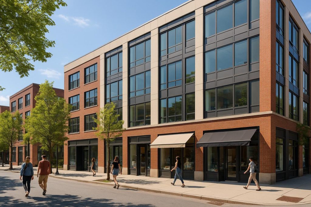 People walking near shops in a modern mixed-use property with offices above.