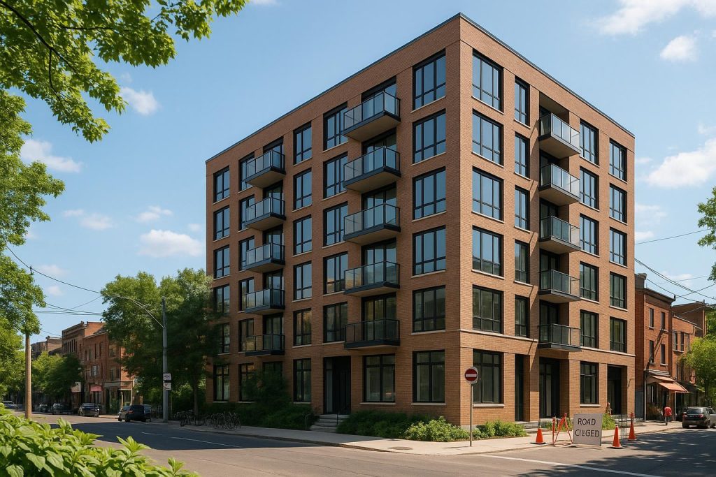 A new mid-rise building showcasing modern urban living in a bright cityscape.