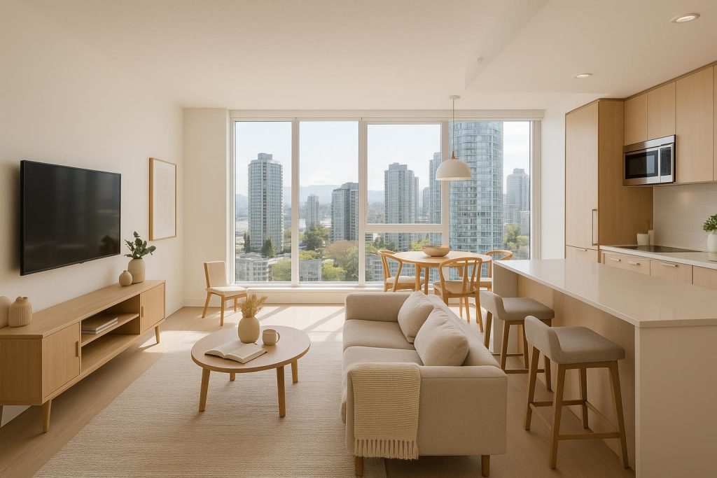 Open floor plan in a Vancouver condo with bright natural light.