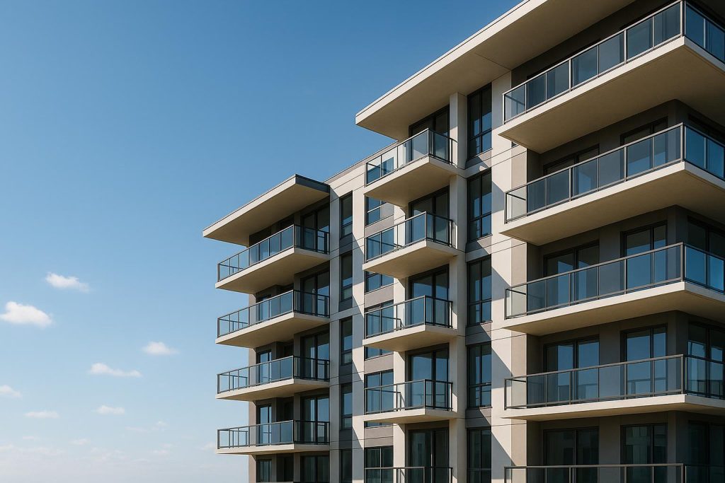 Bright, modern condo complex featuring exclusive living spaces with sleek balconies.