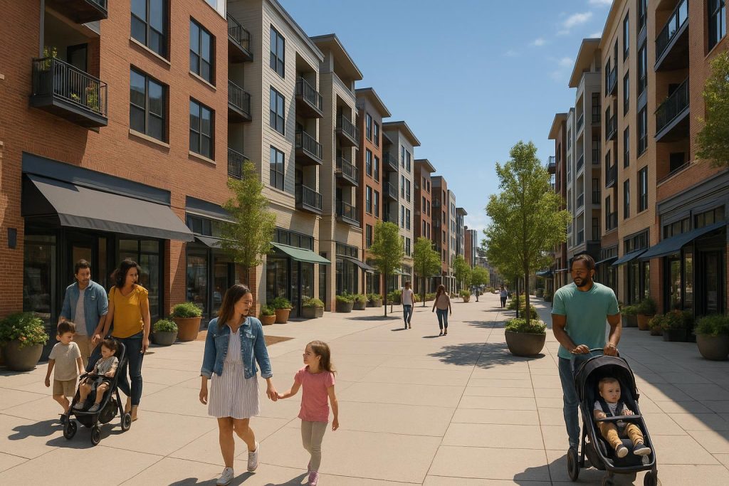 Families exploring integrated commercial zones with shops and modern apartments overhead.