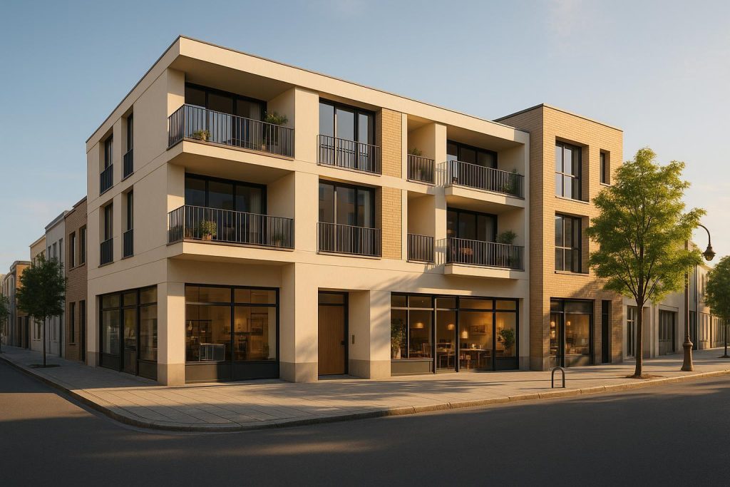 Modern mixed-use building showcasing upscale master-planned living on a vibrant city block.
