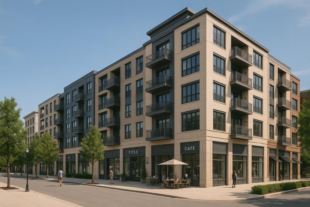 Street-level perspective of a new mixed-use building with retail and residences, referring to exclusive estate developments.
