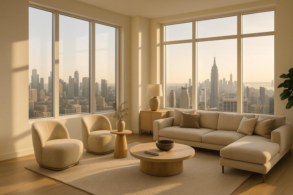 Bright modern penthouse with city views and minimalist décor, reflecting sustainable living spaces.