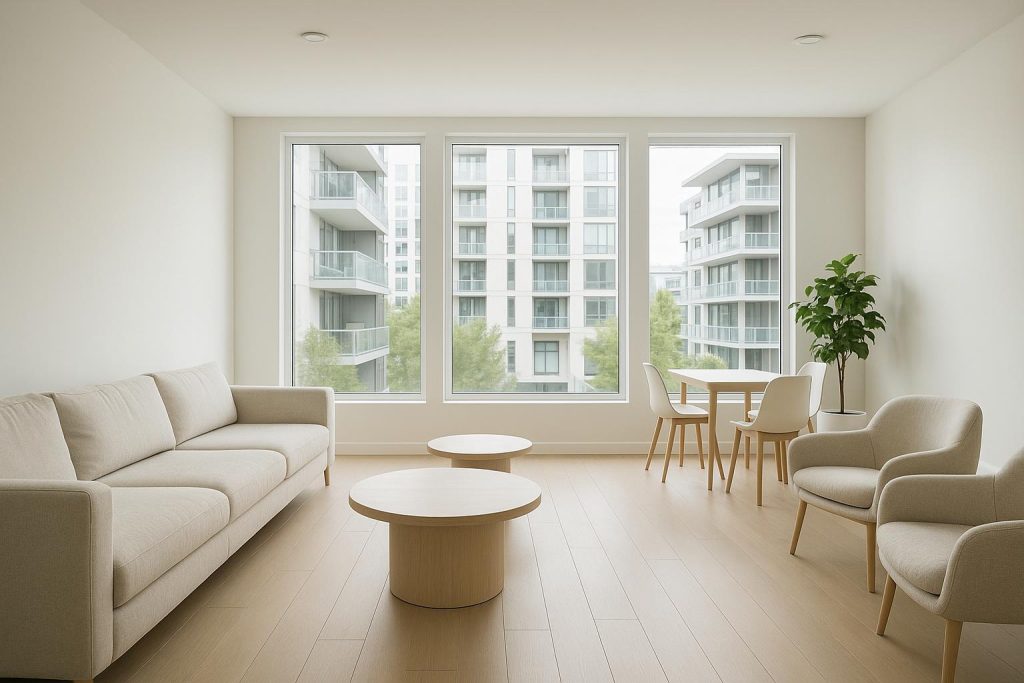 Modern lounge showcasing condo amenities with ample seating and sunlight.