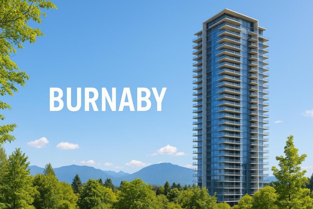 Modern high-rise condo in a Burnaby neighbourhood with greenery in the foreground.