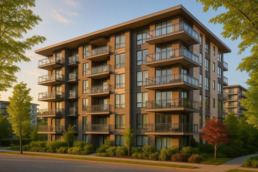 Daytime view of a modern building and green space in Burnaby, highlighting affordable Burnaby apartments