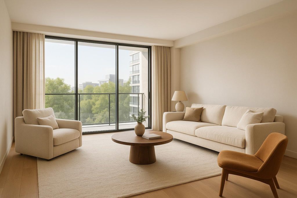 A modern amenity lounge in new builds vancouver building with big windows and seating, showing bright, communal areas.