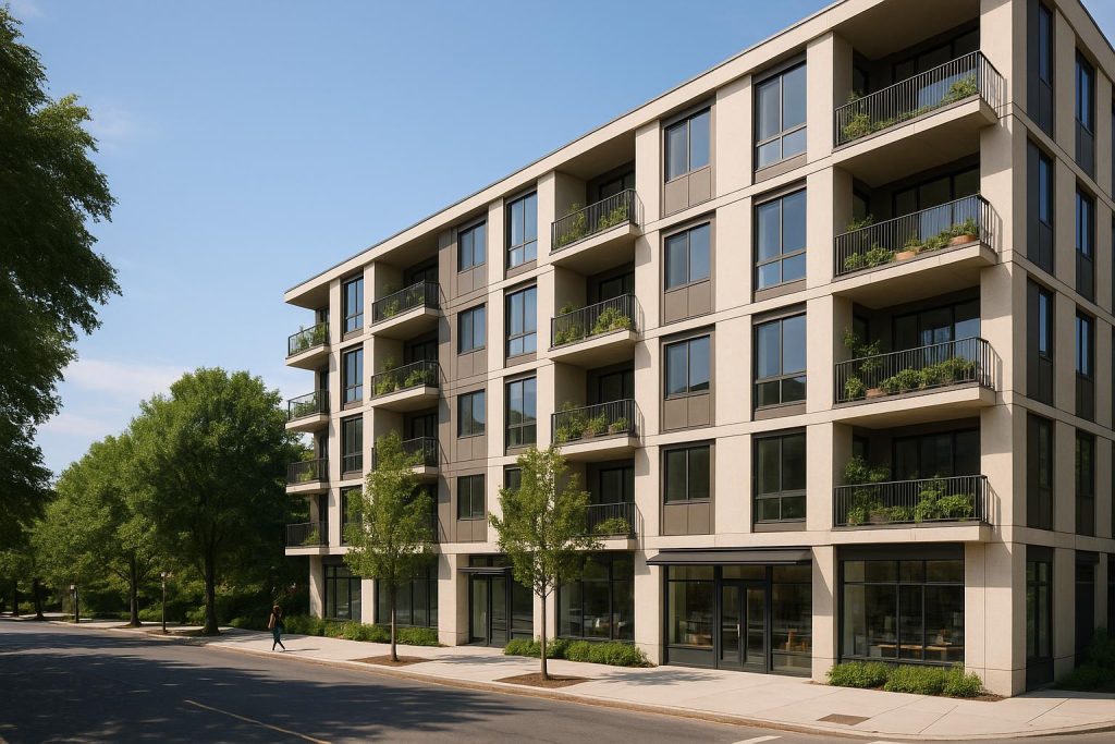 A multi-use building with shops below and homes above in Vancouver, illustrating successful mixed-use development.