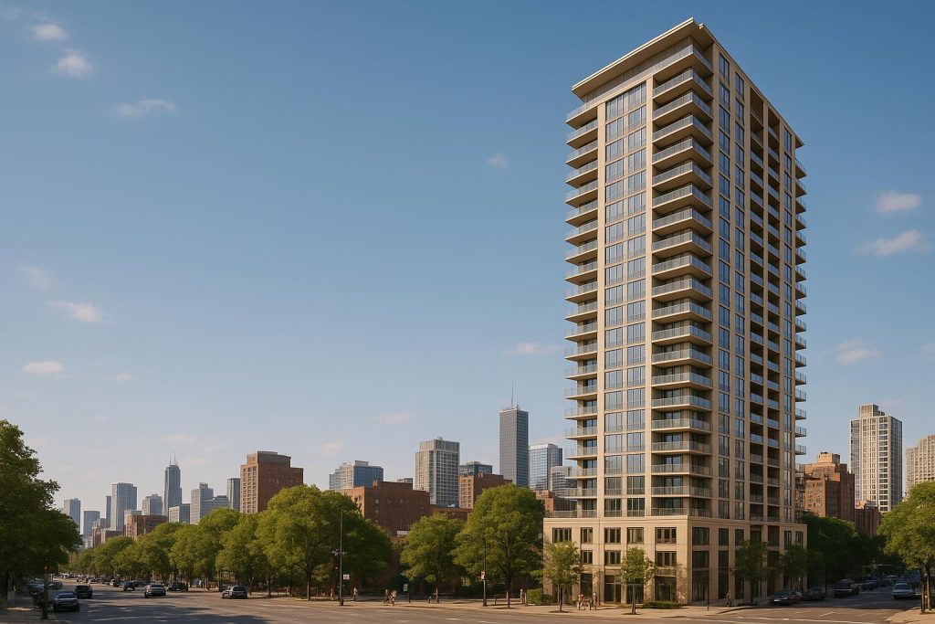Urban high-rise showcasing luxury condos in a modern city environment.