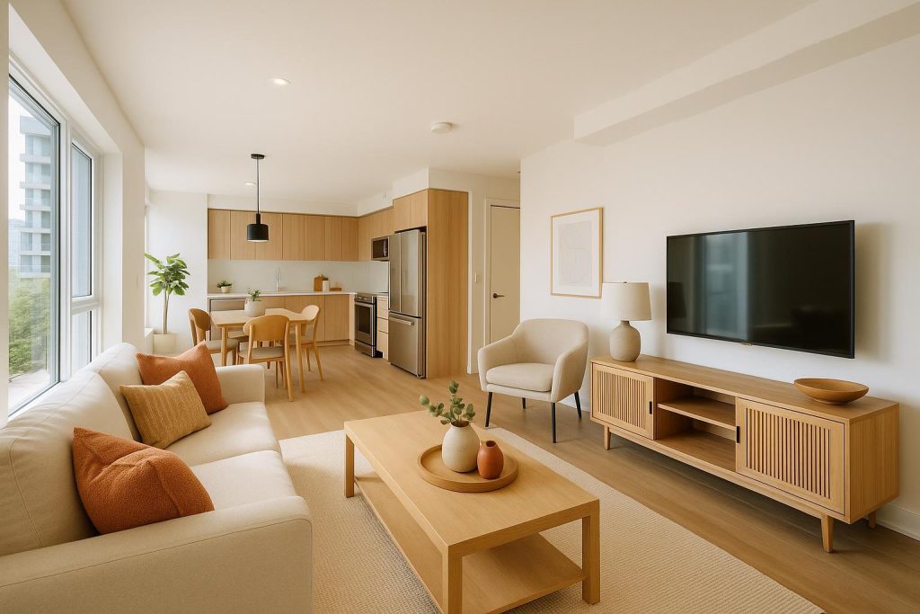 Bright, modern living area showcasing a luxury condo with refined design.