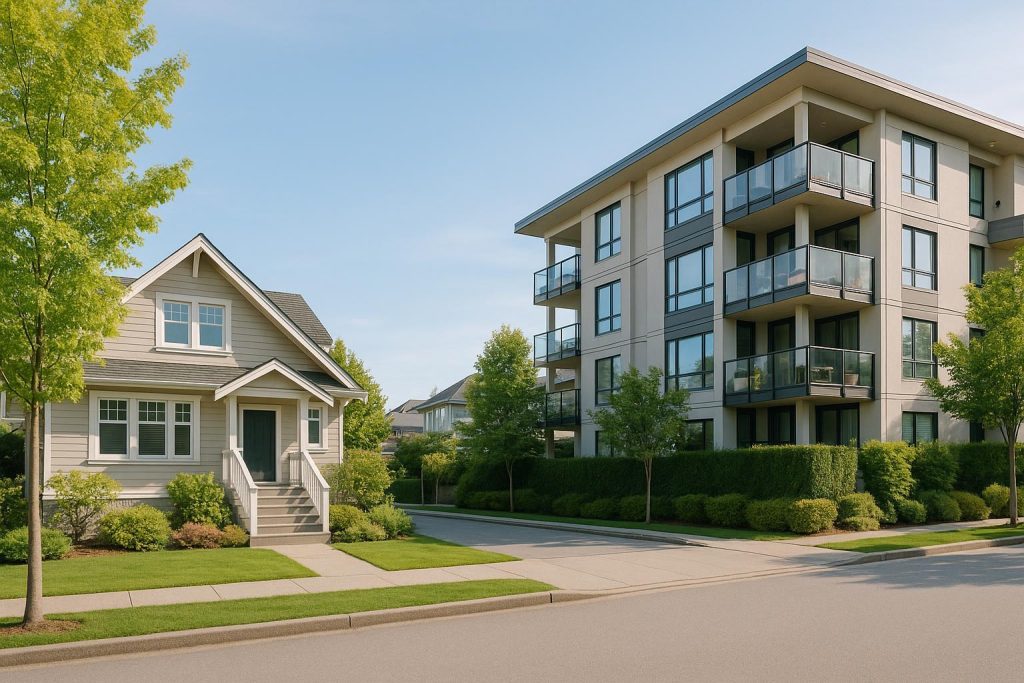Modern condo building beside a single-family home in a calm neighbourhood.