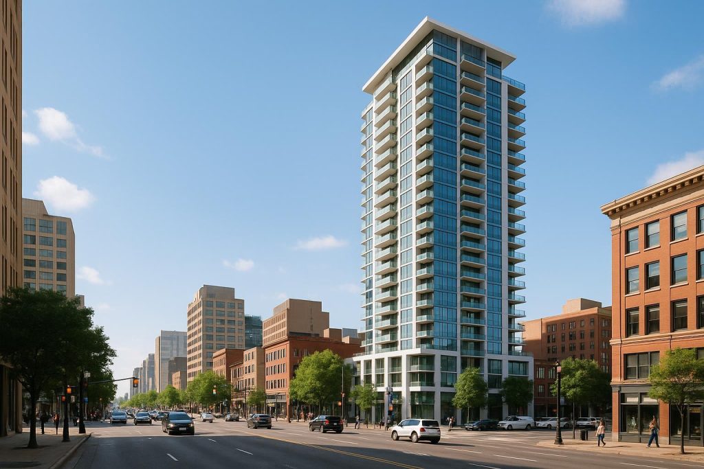 Modern condo tower in a vibrant downtown, illustrating urban property trends.