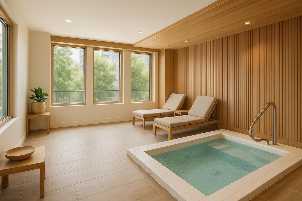 Spa lounge showcasing premium condo amenities with a sleek hot tub and seating area.