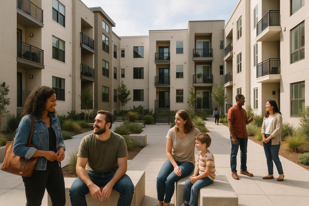 A modern courtyard setting in a mixed-income multi-family community with diverse residents.