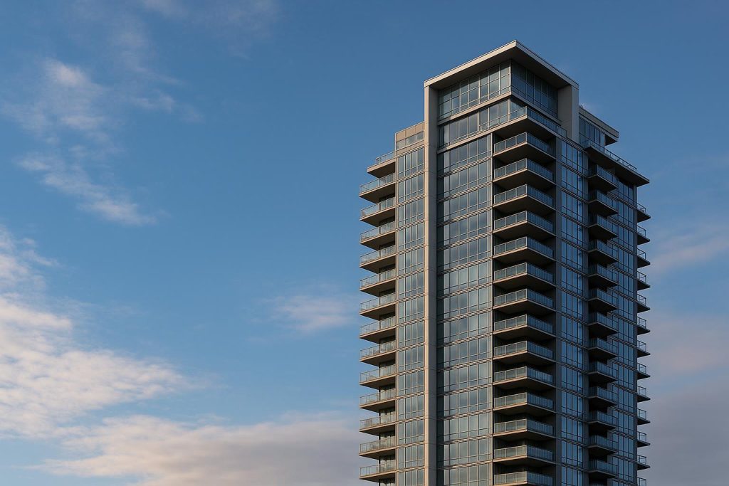 Modern Vancouver high-rise condo showcasing new builds Vancouver style under clear skies.