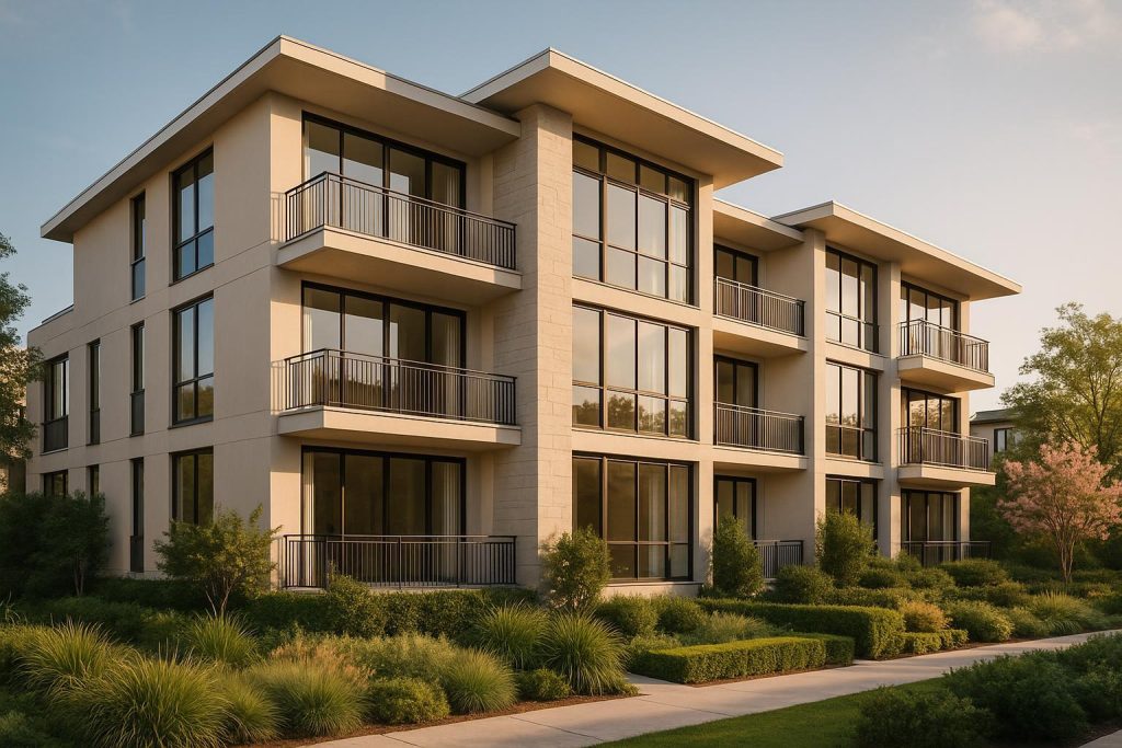 Modern luxury multi-family building with landscaped entrance and large windows.