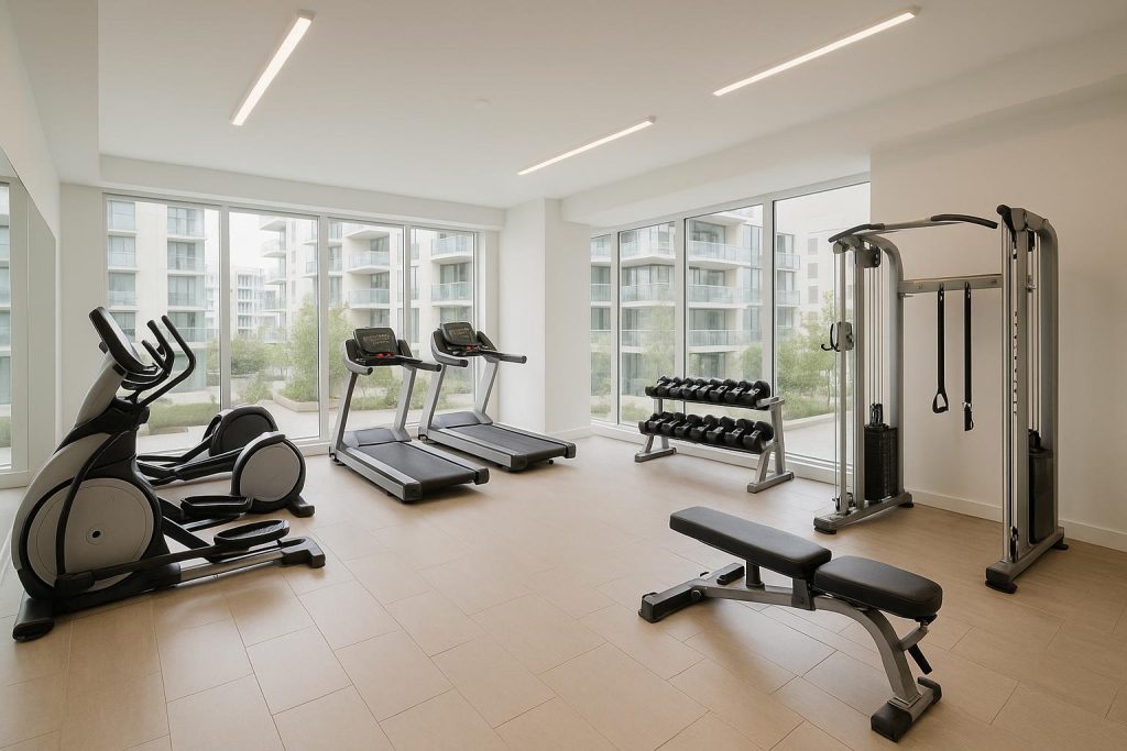 Modern condo gym with cardio machines, free weights, and large windows.