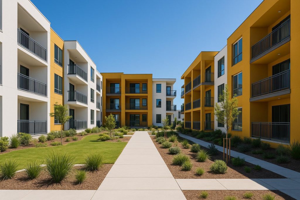 Modern multifamily buildings with multiple units and landscaped surroundings.