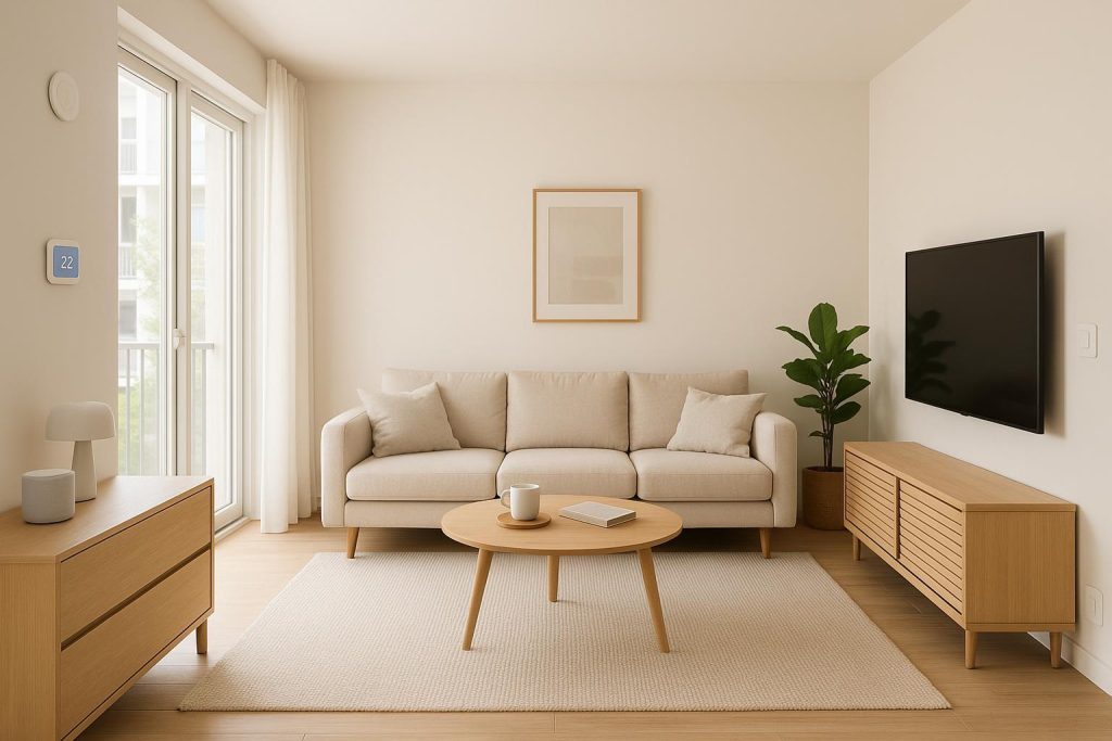 Bright modern interior showcasing integrated smart-home features in spacious new apartments.