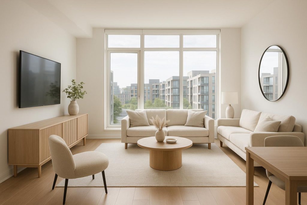 Bright modern condo interior with large windows for sustainable living spaces