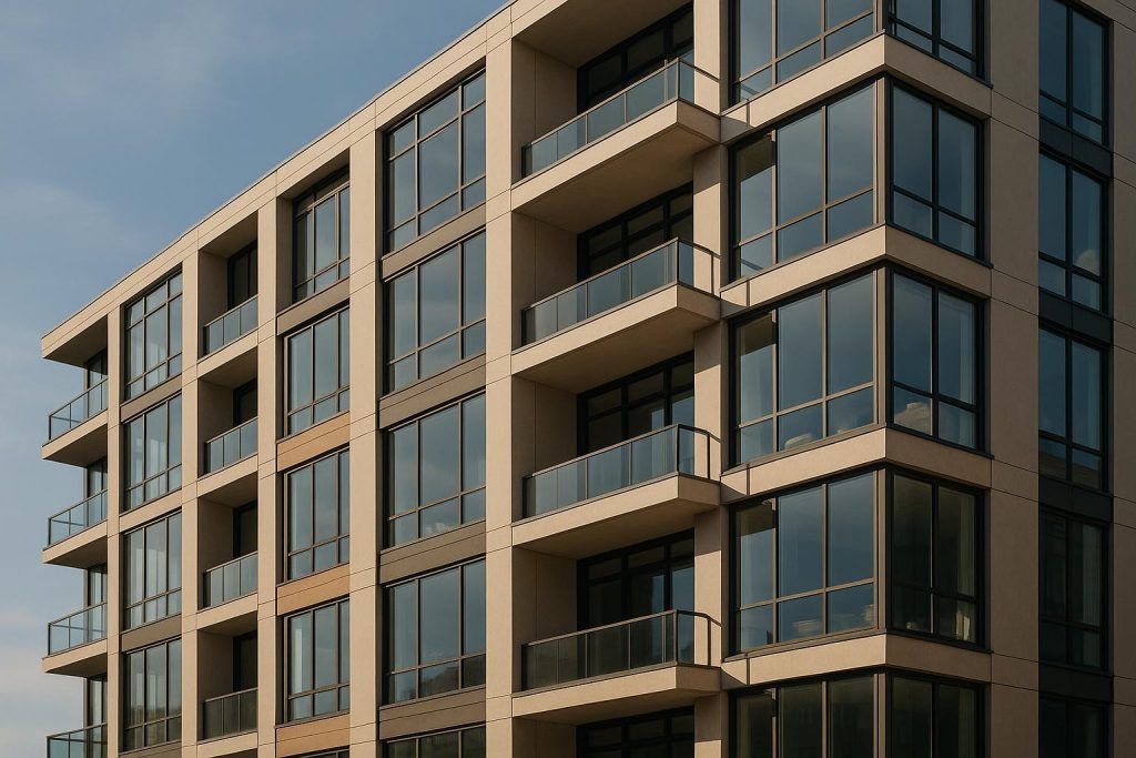 Modern condo building with large windows, showcasing condo amenities.