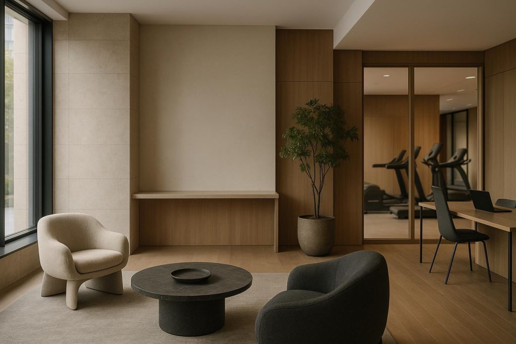 Shared gym and coworking lounge in downtown condo listings