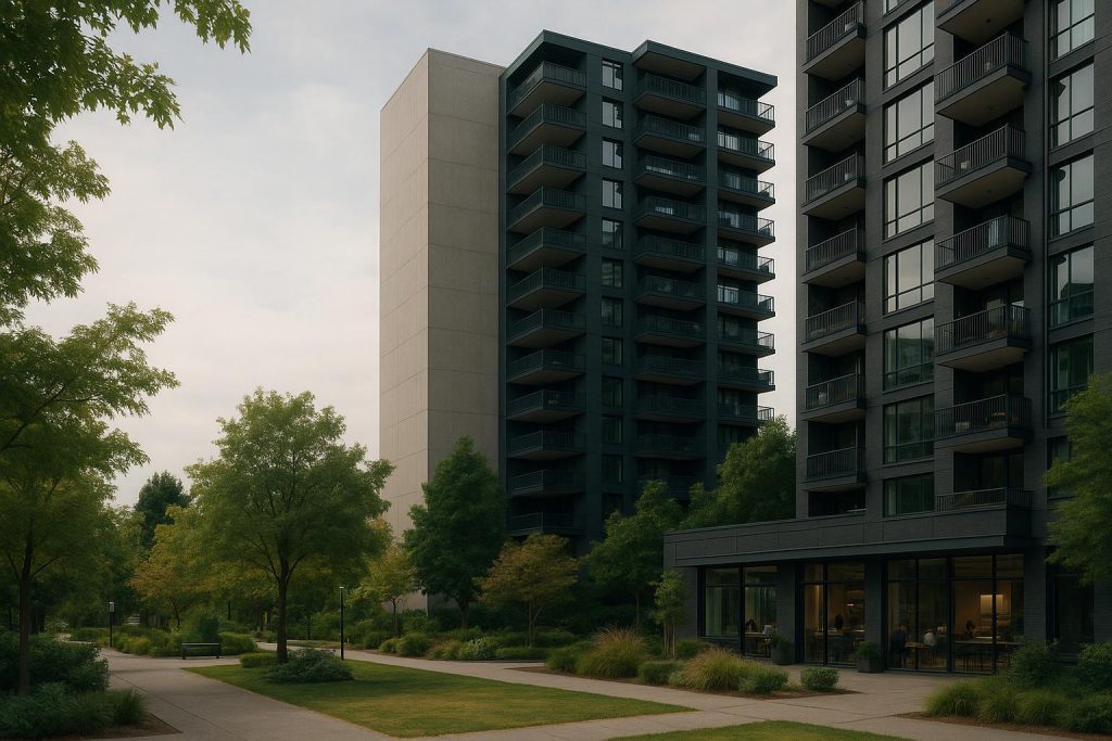 Modern mixed-use high-rise building representing an investment property concept