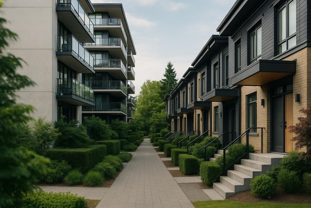 Vancouver condo building beside contemporary townhouses on a landscaped residential street