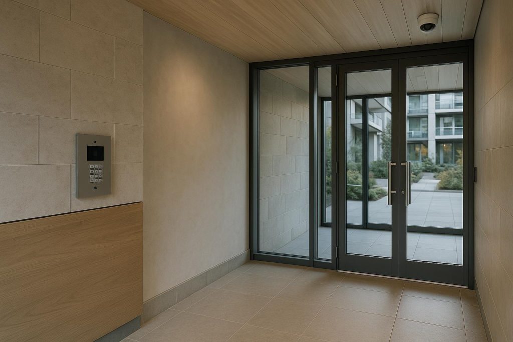 Modern condo entryway with access control and security camera for condo amenities